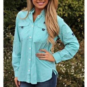 Simply Southern Teal and white gingham button down shirt szS
